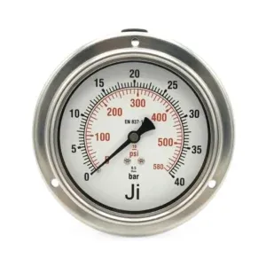 Japsin Instrumentation economical pressure gauge 0 to 40 Bar 580 PSI 100 mm dial panel mounting back entry 3/8 BSP stainless steel bayonet case SS wetted parts
