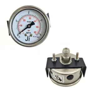 Japsin Instrumentation economical glycerin filled pressure gauge 0 to 4.2 Kg cm2 60 PSI 63 mm back entry with bracket 1/4 BSP SS case SS wetted parts
