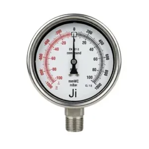 Japsin Instrumentation capsule compound gauge -1000 to 1000 mmWC with -100 to 100 mBar dual scale 100 mm dial 1/2 inch NPT connection stainless steel bayonet case
