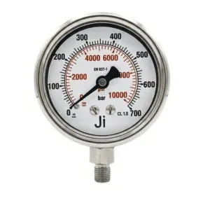 Japsin Instrumentation industrial pressure gauge 0-700 bar 10000 PSI with 2.5 inch dial bottom entry and stainless steel case for high pressure measurement