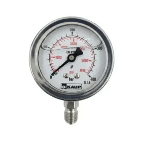 Industrial pressure gauge 0-400 bar 5800 PSI with 2.5 inch dial bottom entry and stainless steel case for high pressure measurement