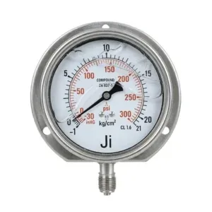 Japsin Instrumentation economical compound gauge -1 to 21 Kg/cm² with 100 mm dial dual scale -30 InHg to 300 PSI surface mounting and 3/8 inch BSP connection
