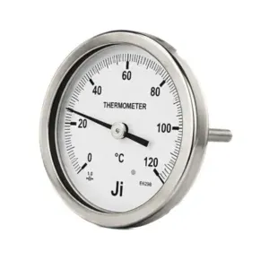 Japsin Instrumentation bi-metal dial thermometer 0 to 120 degree Celsius 100 mm dial back entry 2 inch stem 10 mm OD 1/2 BSP stainless steel temperature gauge