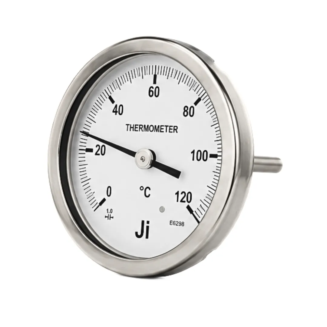 Japsin Instrumentation bi-metal dial thermometer 0 to 120 degree Celsius 100 mm dial back entry 2 inch stem 10 mm OD 1/2 BSP stainless steel temperature gauge