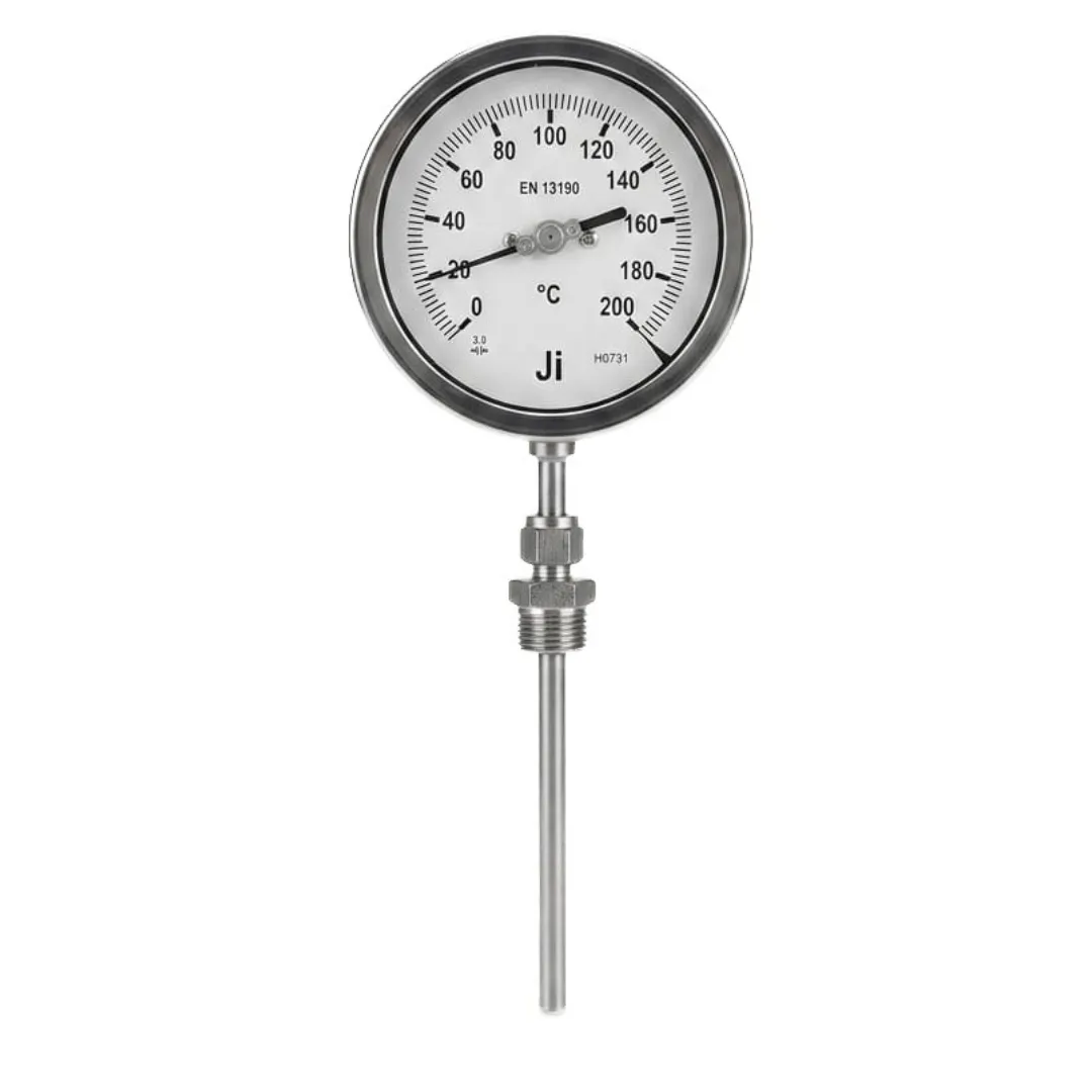 Japsin Instrumentation bimetal dial thermometer temperature gauge 0 to 200 degree C 4 inch dial bottom entry 6 inch stem with 8 mm OD 1/2 BSP SS case stainless steel stem
