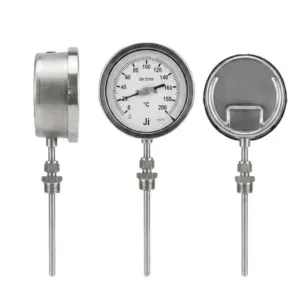 Japsin Instrumentation bimetal dial thermometer temperature gauge 0 to 200 degree C 4 inch dial bottom entry 6 inch stem with 8 mm OD 1/2 BSP SS case stainless steel stem