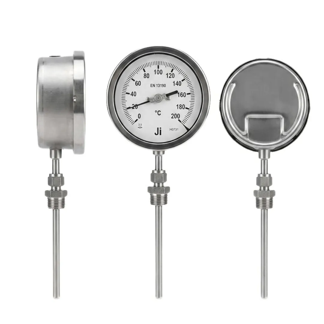 Japsin Instrumentation bimetal dial thermometer temperature gauge 0 to 200 degree C 4 inch dial bottom entry 6 inch stem with 8 mm OD 1/2 BSP SS case stainless steel stem