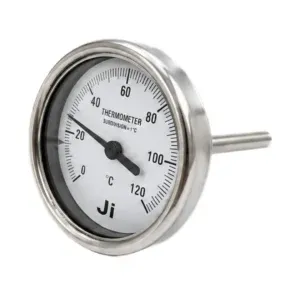 Japsin Instrumentation bimetal dial thermometer 2.5 inch dial 0 to 120 degree Celsius back entry 2 inch stainless steel stem 1/2 inch BSP male connection with SS case and SS wetted parts