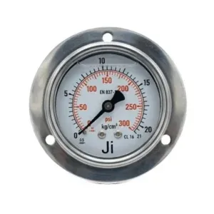 Japsin Instrumentation economical glycerin filled pressure gauge 0 to 21 Kg cm2 300 PSI 63 mm panelback entry with bracket 1/4 BSP SS case SS wetted parts