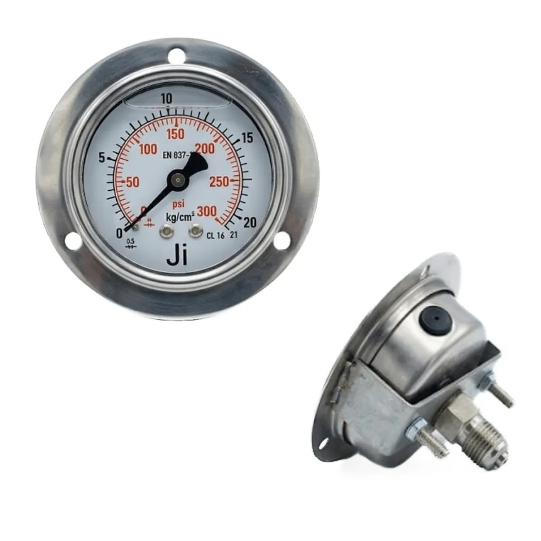 Japsin Instrumentation economical glycerin filled pressure gauge 0 to 21 Kg cm2 300 PSI 63 mm panelback entry with bracket 1/4 BSP SS case SS wetted parts