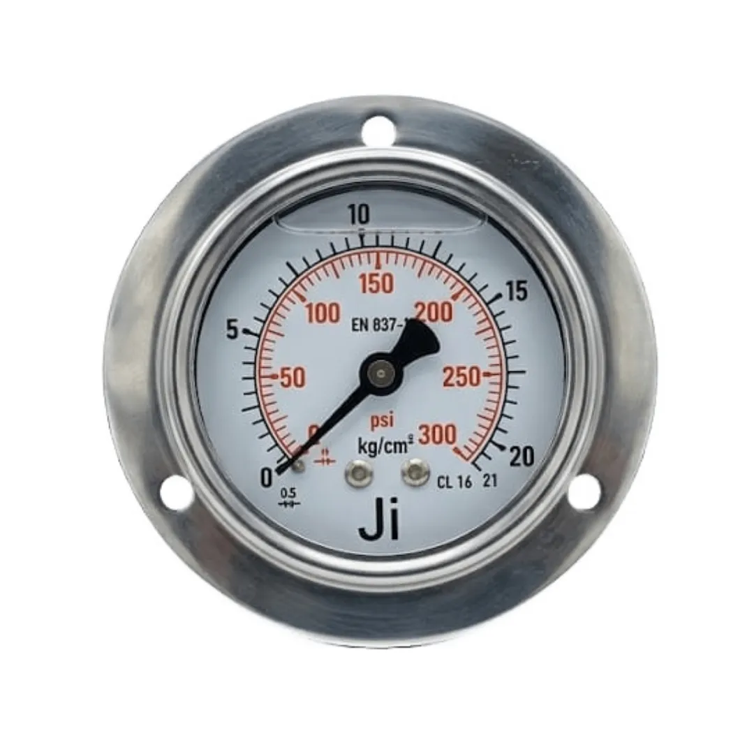 Japsin Instrumentation economical glycerin filled pressure gauge 0 to 21 Kg cm2 300 PSI 63 mm panelback entry with bracket 1/4 BSP SS case SS wetted parts