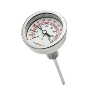 bimetal dial thermometer 0°F to 250°F / -20°C to 120°C 2 inch dial back entry 1/2 BSP 63 mm stem stainless steel body