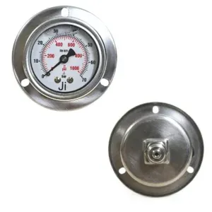 Japsin Instrumentation economical glycerin filled pressure gauge 0 to 70 Bar 1000 PSI 63 mm dial panel mounting back entry 1/4 BSP SS case SS wetted parts