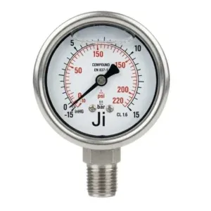 Japsin Instrumentation 63mm Glycerin Filled Compound Gauge −15 inHg to 15 Bar