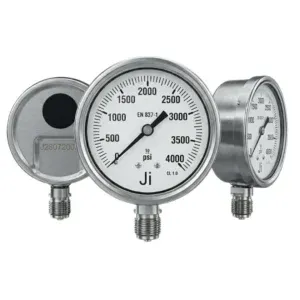 Japsin Instrumentation glycerin filled industrial pressure gauge 0 to 4000 PSI Single Scale 100 mm dial with 1/2 inch BSP bottom entry stainless steel bayonet case