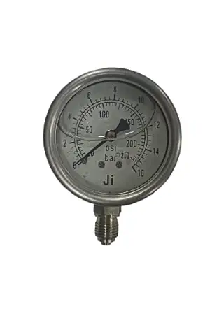 Industrial Glycerin Filled Pressure Gauge, Dial Size 2 1/2" (63 mm), Stainless Steel 304 Case Bayonet Type & SS 316L Internals, Range 0 to 16 Bar with Dual Scale of 225 PSI, Direct Mounting Bottom Entry, Connection 1/4" BSP (M), Accuracy 1% FSD