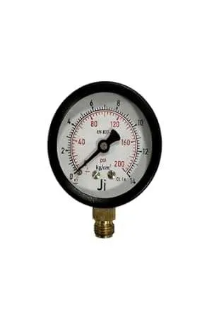 Commercial Pressure Gauge, Dial Size 2 1/2" (63 mm), Mild Steel Powder Coated Case & Brass Internals, Range 0 to 14 Kg/Cm2 With Dual Scale of 200 PSI, Direct Mounting Bottom Entry, Connection 1/4" BSP (M), Accuracy 2% FSD