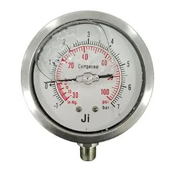Industrial Compound Gauge Glycerin Filled, 4" Dial, Range -1 to 7 Kg/Cm2 with Dual Scale of -30 InHg to 100 PSI, Surface Mounting Bottom Entry, Connection 3/8" NPT, Accuracy 1%
