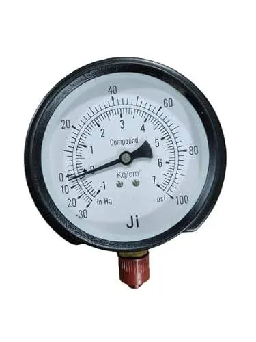 Commercial Compound Gauge, Dial Size 4" (100 mm), Mild Steel Powder Coated Case & Brass Internals, Range -1 to 7 Kg/Cm2 with Dual Scale of -30 inHg to 100 PSI, Surface Mounting Bottom Entry, Connection 3/8" BSP (M), Accuracy 2% FSD