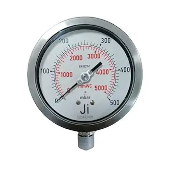 Industrial Capsule Pressure Gauge 4" Dial, Range 0 to 5000 mmWc with Dual Scale of 500 mBar, Direct Mounting Bottom Entry, Connection 3/8" BSP (M), SS Case & SS Wetted Parts Micro Adjustable Pointer