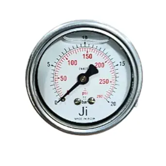 Economical Glycerin Pressure Gauge, Dial Size 2 1/2" ( 63 mm ), Range 0 to 20 Bar with Dual Scale of 290 PSI, Direct Mounting Back Entry with Bracket, Stainless Steel 304 Case Crimping Type, Connection 1/4" BSP (M), Accuracy 1.6% FSD