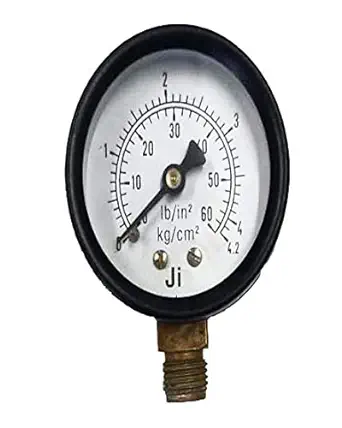 Commercial Pressure Gauge, Dial Size 2" (50 mm), Mild Steel Powder Coated Case & Brass Internals, Range 0 to 4.2 Kg/Cm2 with Dual Scale of 60 PSI, Direct Mounting Bottom Entry, Connection 1/4" BSP (M), Accuracy 2% FSD