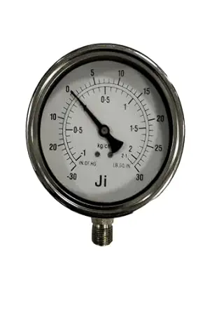 Economical Compound Gauge, Dial Size 4" (100 mm), Stainless Steel 304 Case Crimping Type & SS Internals, Range -1 to 2.1Kg/Cm2 With Dual Scale of -30 Inhg to 30 PSI, Direct Mounting Bottom Entry, Connection 3/8" BSP (M), Accuracy 1.6% FSD