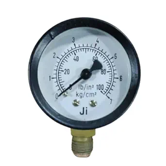 Commercial Pressure Gauge, Dial Size 2" (50 mm), Range 0 to 7 Kg/Cm2 with Dual Scale of 100 PSI, Direct Mounting Bottom Entry, Connection 1/4" BSP (M), Mild Steel Powder Coated Case & Brass Internals, Accuracy 2% FSD