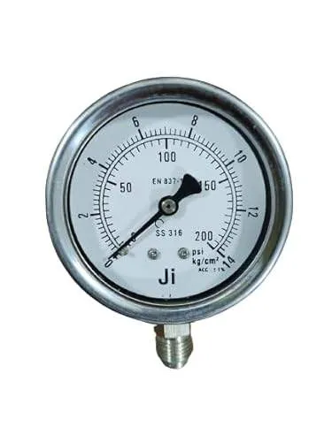 Industrial Pressure Gauge, 2 1/2" (63 mm) Dial, Range 0 to 14 Kg/Cm2 with Dual Scale of 200 PSI, Direct Mounting Bottom Entry, Connection 1/4" BSP (M), Accuracy 1% FSD