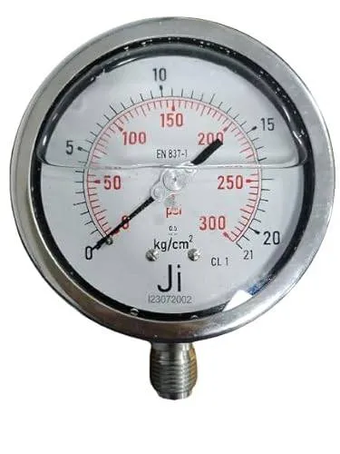Industrial Glycerin Filled Pressure Gauge, Dial Size 4" (100 mm), Stainless Steel 304 Case Bayonet Type & SS Internals, Range 0 to 21 Kg/Cm2 With Dual Scale of 300 PSI, Direct Mounting Bottom Entry, Connection 1/2" BSP (M), Accuracy 1% FSD