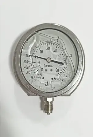 Economical Compound Gauge Glycerin Filled, Dial Size 4" (100 mm), Stainless Steel 304 Case Crimping Type & SS Internals, Range -1 to 4.2 Kg/Cm2 with Dual Scale of -760 mmHg to 60 PSI, Surface Mounting Bottom Entry, Connection 3/8" BSP (M), Accuracy 1.6% FSD