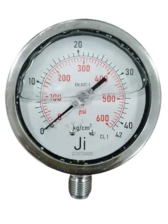 Industrial Glycerin Filled Pressure Gauge, Dial Size 4" (100 mm), Stainless Steel 304 Case Bayonet Type & SS Internals, Range 0 to 42 Kg/Cm2 With Dual Scale of 600 PSI, Direct Mounting Bottom Entry, Connection 1/2" BSP (M), Accuracy 1% FSD