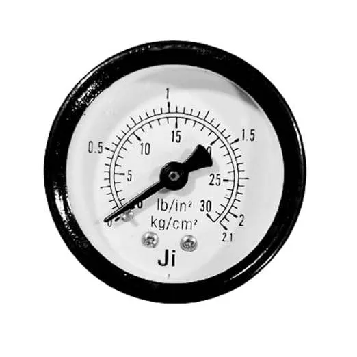 Commercial Pressure Gauge, Dial Size 2" (50 mm), Mild Steel Powder Coated Case & Brass Internals, Range 0 to 2.1 Kg/Cm2 with Dual Scale of 30 PSI, Direct Mounting Back Entry, Connection 1/4" BSP (M), Accuracy 2% FSD