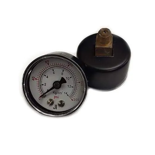 Commercial Pressure Gauge, Dial Size 1 1/2" (40 mm), Mild Steel Powder Coated Case & Brass Internals, Range 0 to 14 Kg/Cm2 with Dual Scale of 200 PSI, Direct Mounting Back Entry, Connection 1/8" BSP (M), Accuracy 2% FSD