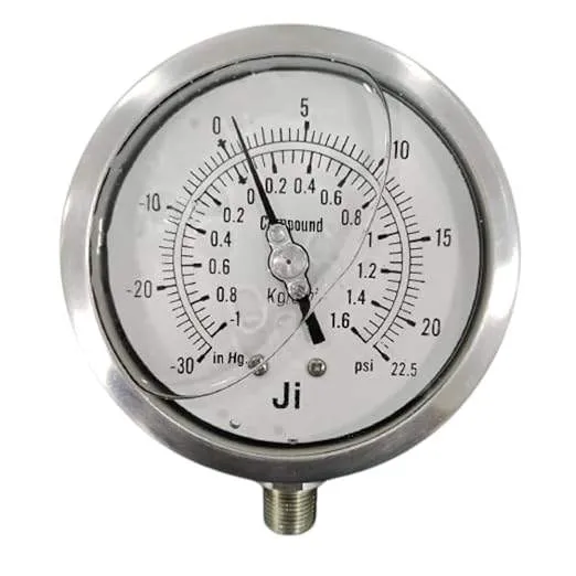 Industrial Compound Gauge Glycerin Filled, 4" Dial, Range -1 to 1.6 Kg/Cm2 with Dual Scale of -30 InHg to 22.5 PSI, Surface Mounting Bottom Entry, Connection 3/8" NPT ( M ), Accuracy 1%