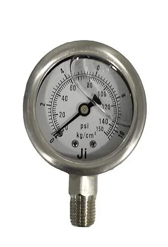 Industrial Glycerin Filled Pressure Gauge, Dial Size 2" (50 mm), Stainless Steel 304 Case Bayonet Type & SS 316L Internals, Range 0 to 10.6 Kg/Cm2 with Dual Scale of 150 PSI, Direct Mounting Bottom Entry, Connection 1/4" NPT (M), Accuracy 1.6% FSD