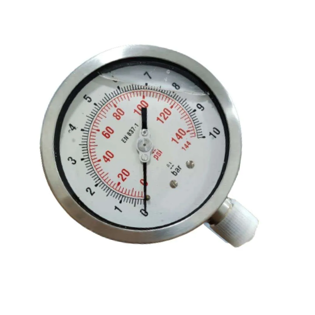 Industrial Glycerin Filled Pressure Gauge, Dial Size 4" (100 mm), Stainless Steel 304 Case Bayonet Type & SS 316L Internals, Range 0 to 10 bar with Dual Scale of 144 PSI, Direct Mounting Bottom Entry, Connection 1/2" BSP (M), Accuracy 1% FSD